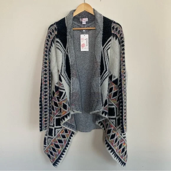 NWT White Open Front Shawl Collar Aztec Southwest Boho Print Cardigan Sweater - Picture 6 of 7